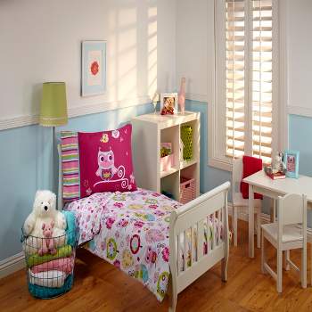 Everything Kids Hoot Hoot Pink, Aqua, Green and White 4 Piece Toddler Bed Set - Comforter, Fitted Bottom Sheet, Flat Top Sheet, Reversible Pillowcase