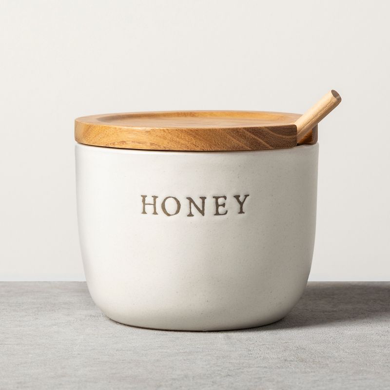 Stoneware Honey Pot with Wood Lid &#38; Dipper Cream/Brown - Hearth &#38; Hand&#8482; with Magnolia, 1 of 11