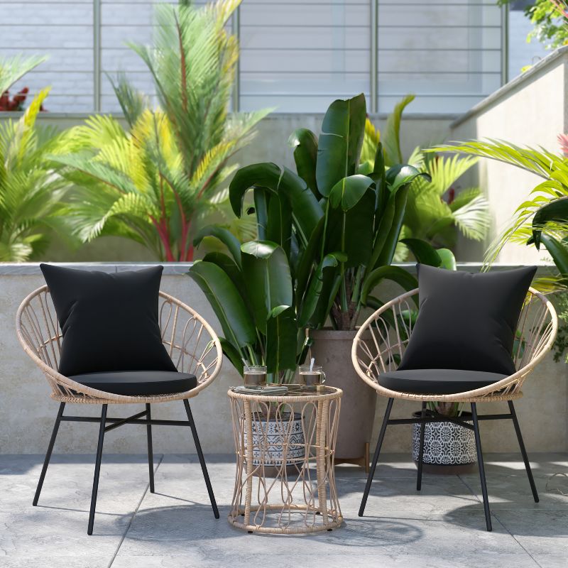 Emma and Oliver 3 Piece Boho Patio Set - Faux Rattan Rope Papasan Style Chairs with Cushions and Glass Topped Side Table, 2 of 15