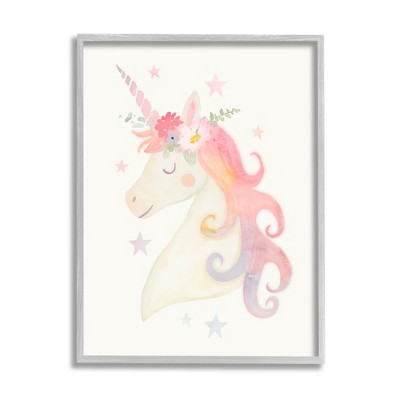 Stupell Industries Charming Unicorn Smiling Flower Crown Stars Design Framed Giclee Art