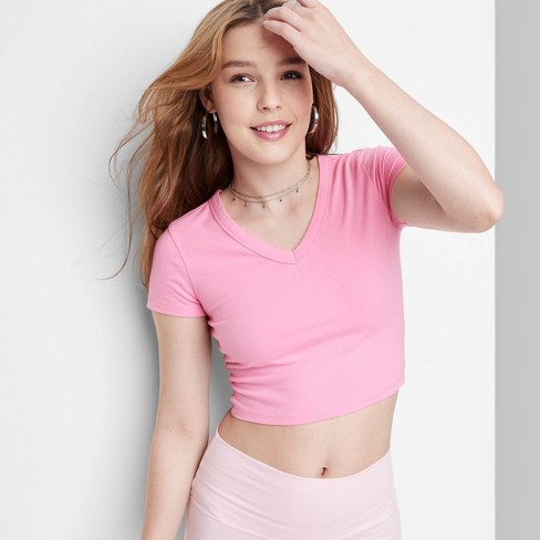 Women's Short Sleeve V-neck Cropped T-shirt - Wild Fable™ Pink M : Target