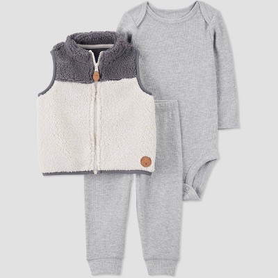Image of Carter's Just One You®️ Baby Boys' Colorblock Vest 3pc Top & Bottom Set - Cream/Gray 9M