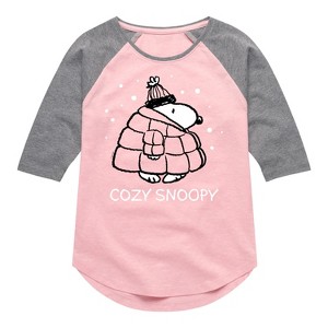 Girls' - Peanuts - Cozy Snoopy Shirt Tail Raglan Graphic T-shirt - 1 of 4