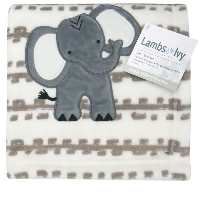 Lambs & Ivy Jungle Safari White/Tan Plush Minky Elephant Nursery Baby Blanket, 2 of 5