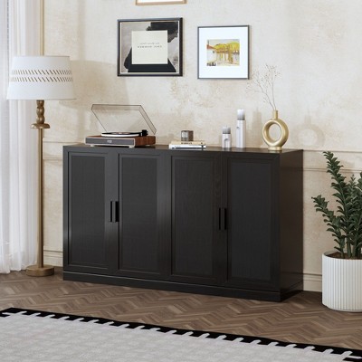 2-Piece Modern Minimalist Wicker Door Wood Grain Edge Cabinet, Multifunctional Storage with 3 Layers of Shelves
