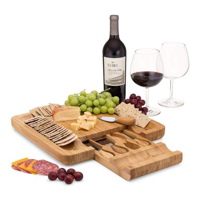 Dynamic Gear Bamboo Cheese Platter and Serving Tray With Cutlery, Brown
