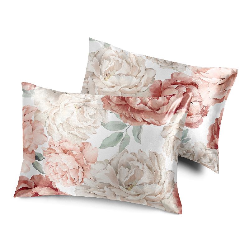Sweet Jojo Designs Decorative Satin Pillowcases Peony Floral Garden Pink and Ivory 2pc, 1 of 7