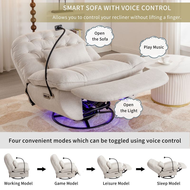 Modern Swivel Power Recliner, Multifunctional Accent Chair with Voice Control, USB Ports and Mobile Phone Holder-ModernLuxe, 4 of 15