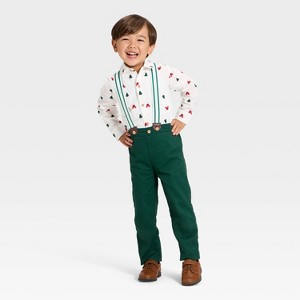 Toddler Boys' 2pc Disney Mickey Mouse Long Sleeve Button-Down Shirt and Suspender Pants Set - Green - 1 of 4
