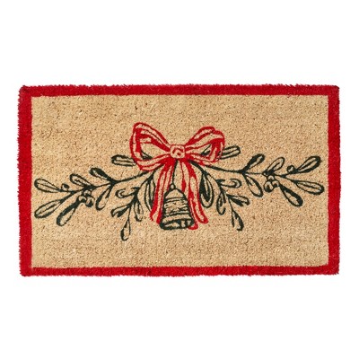 tagltd 1'6" x 2'6" Mistletoe & Holly Red Border Rectangle Indoor Outdoor Coir Door Welcome Mat Red and Green on Beige Background