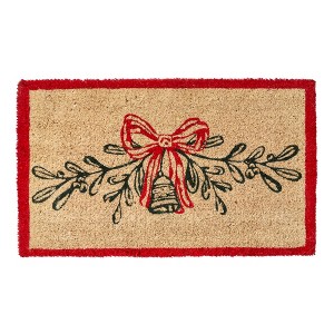 tagltd 1'6" x 2'6" Mistletoe & Holly Red Border Rectangle Indoor Outdoor Coir Door Welcome Mat Red and Green on Beige Background - 1 of 2