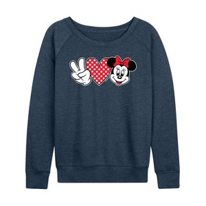Women's - Disney - Peace Love Minnie Mouse Lightweight French Terry Wide Neck Long Sleeve Graphic Shirt - 1 of 4