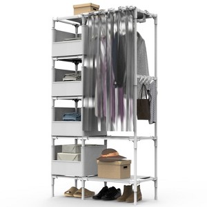 NewHome "Portable Closet Wardrobe Organizer with Hanging Rod, Shelf, 4 Storage Bags & 4 Hooks for Clothes" White - 1 of 4