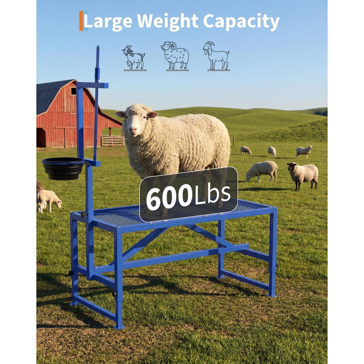47in Adjustable Metal Goat Stand with Feeder, Heavy Duty 600 lb Capacity for Grooming Shearing and Milking - thumbnail 6