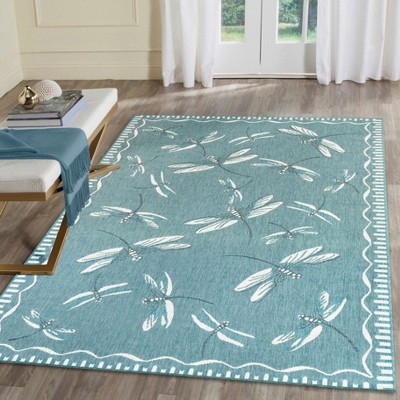 Aqua and White Flatwoven Dragonfly Rectangular Area Rug