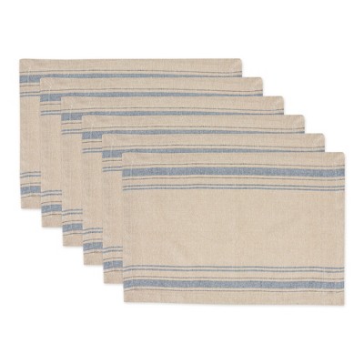 DII French Stripe Placemat Set 6 Piece, Taupe/Blue, 13x19"