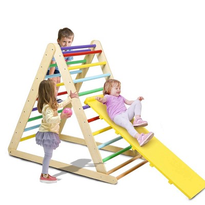 Costzon Foldable Climbing Toys for Toddlers, 3-in-1 Montessori Wooden Triangle Climber for Sliding & Climbing, Indoor Gym Playset for Boys & Girls