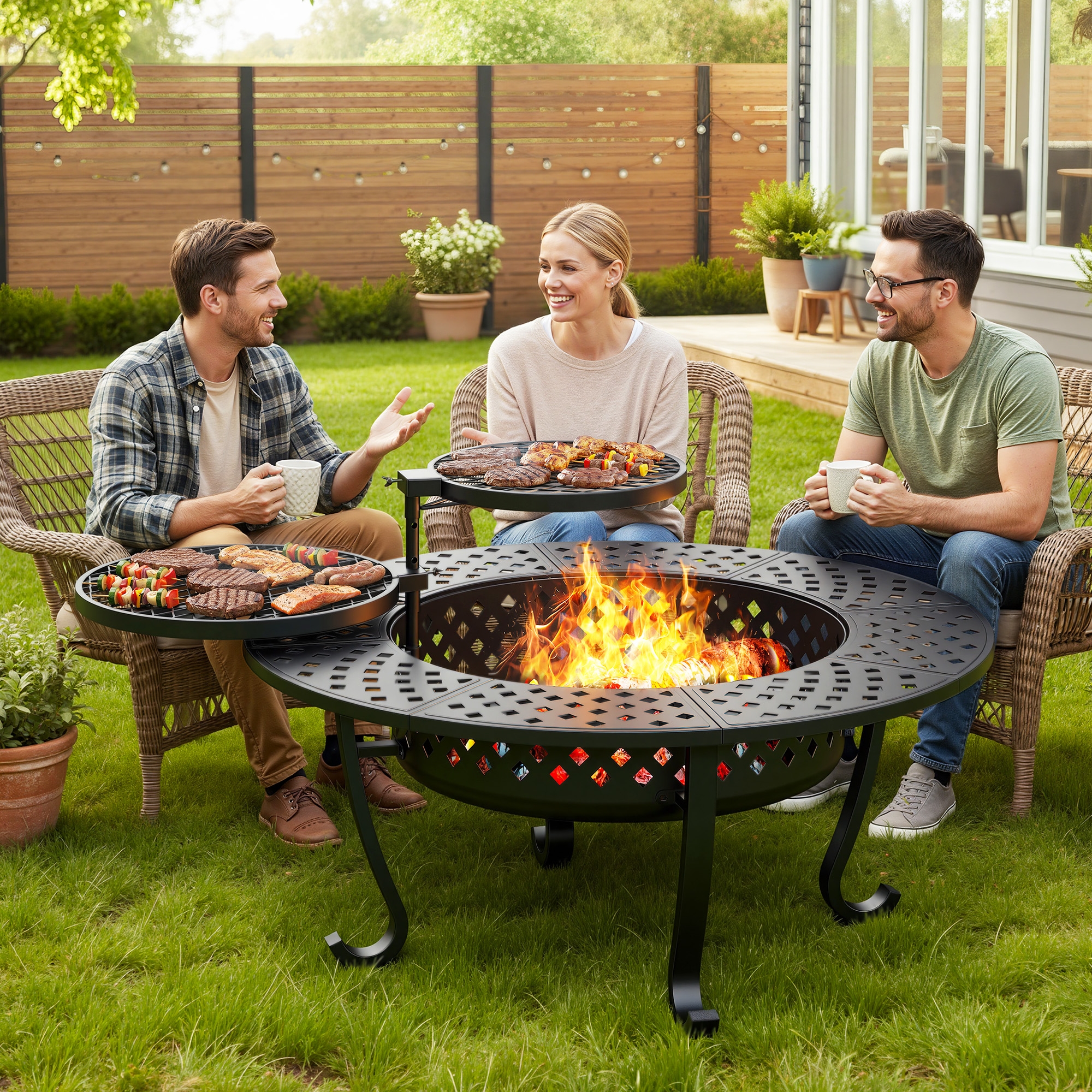 43'' Fire Pit with 2 Grills, Outdoor Wood Burning Fireplace with Lid and Fire Poker, BBQ & Bonfire & Round Metal Table