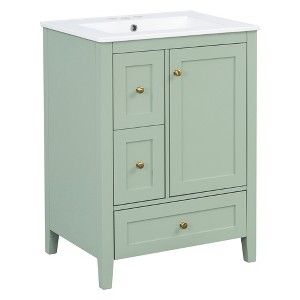 Gulches 24 Inches 1 Sink Freestanding Green Bath Vanity with White Ceramic Top 3 Drawers Cabinet Adjustable Shelf - 1 of 4