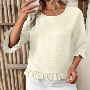 Women's 3/4 Sleeve Ruffle Hem Blouse Summer Relaxed Fit Round Neck Casual Elegant Tops - 1 of 4