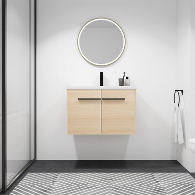 Floating Bathroom Vanity With Ceramics Countertop Sink, Wall Mounted 2 Doors Bathroom Storage Cabinet Set, Enclosed Storage Space