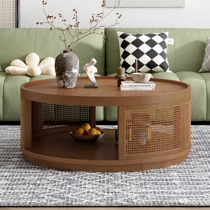 Bella Depot 36.8''W Wooden Mid-Century Modern Coffee Table with PE Rattan Side for Living Room-Brown - 1 of 4