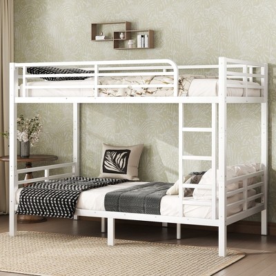 CAVINAS Twin XL White Bunk Bed with Fence & Ladder,Modern Metal Bed Frame for Adults,Teens