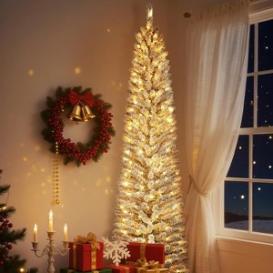 9ft Prelit Flocked Pencil Christmas Tree - Slim Artificial Design, Built-in Lights, Sturdy Metal Stand for Holiday & Party Decor - 1 of 4