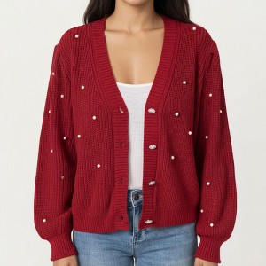 Anna-Kaci Women's Long Sleeve Button-Up Knit Cardigan with Faux Pearl Embellishments and Ribbed Hem - 1 of 4