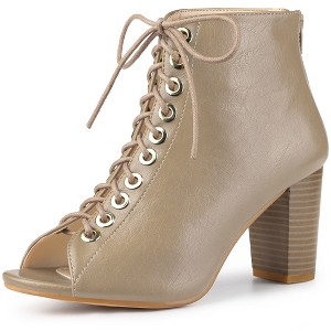 Allegra K Women's Peep Toe Lace Up Chunky Heel Ankle Booties - 1 of 4