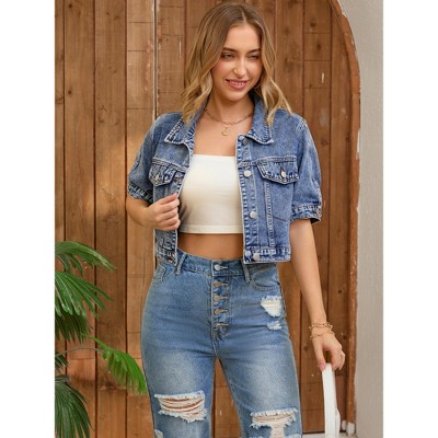 INSPIRE CHIC Women's Short Sleeve Button Up Frayed Washed Denim Jacket Blue X-Large — фото 3