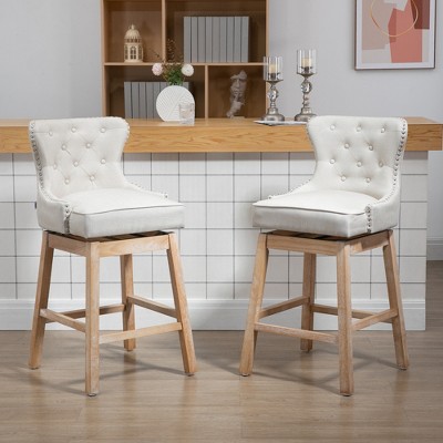 TOAOTBNBOB Upholstered Swivel Bar Stools with Nailhead-Trim, Modern Bar Chair with Wood Legs, Comfortable Counter Height Stools for Bars, Cream