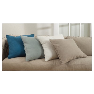 Blue-Grey Linen Square Throw Pillow with Pom-Pom Fringe