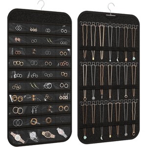 Double-Sided Hanging Jewelry Organizer with 40 Pockets & 36 Hooks, Wall Mounted Storage for Necklaces & Earrings, White Black - 1 of 4