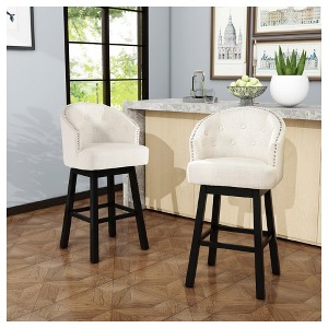 Angel Sar Set of 2 Beige Bar Stools with 360-Degree Swivel, Nailhead Trim & Rubber Wood Legs, Button Tufted Waffle Stitch Kitchen Counter Stools - 1 of 4