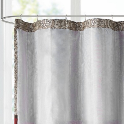 Beige and Red Embroidered Floral Shower Curtain