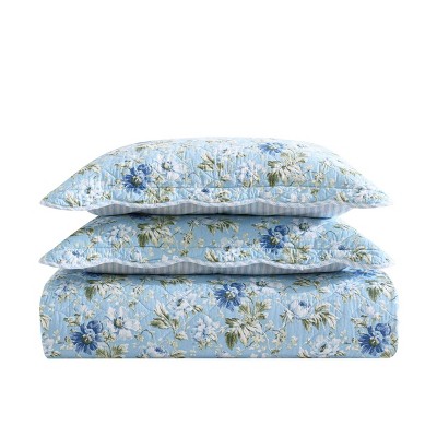 Blue Cotton Full Reversible Quilt Set with Floral Design