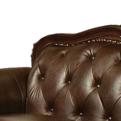 Elegant Brown Faux Leather Tufted Loveseat with Rolled Arms and Nailhead Detail