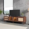 TIRAMISUBEST Mid Century TV Stand 80 Inch Rattan Doors 2 Drawers Open Shelf Woodgrain MDF Solid Wood Legs Soft Close Living Room - 3 of 4