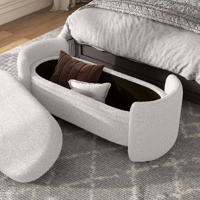 White Boucle Upholstered Storage Bench with Wood Frame