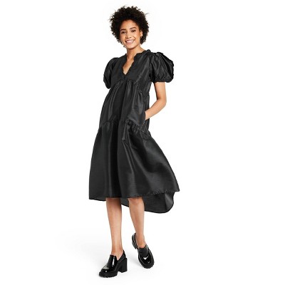 Women's Tiered Ruffle Edge Puff Sleeve Midi Dress - Kika Vargas x Target Black