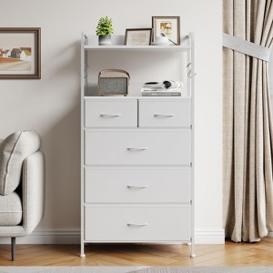 5 Drawer Dresser, Tall Dresser for Bedroom, Storage Organizer with Fabric Bins, Wood Top, Sturdy Steel Frame, Easy Pull Handle, Hallway, White - 1 of 4
