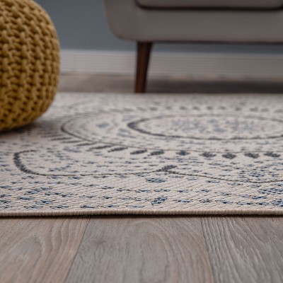 Cream and Blue Medallion Flat Woven Indoor/Outdoor Rug