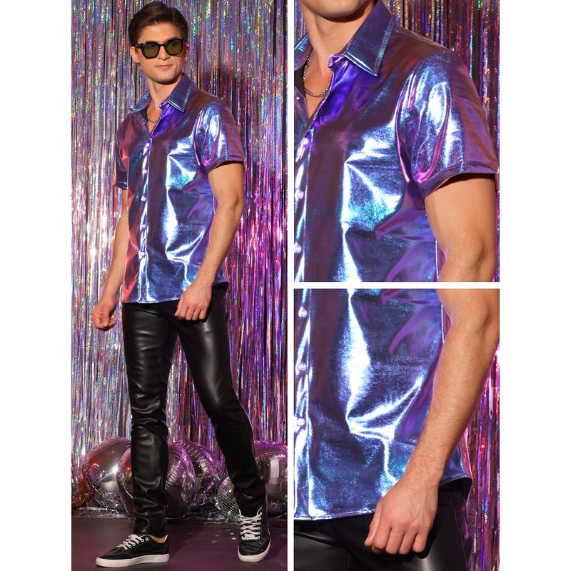 Lars Amadeus Men's Button Down Short Sleeves Shiny Metallic Holographic Shirt, 5 of 6