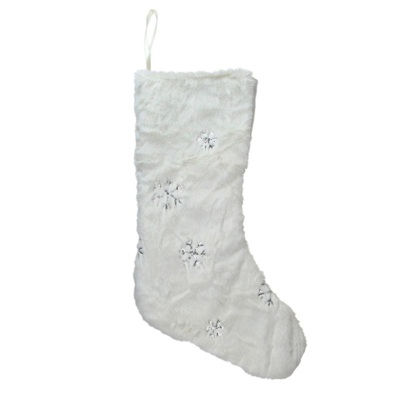 Northlight 18" White Fur Christmas Stocking with Silver Sequined Snowflakes, 1 of 5