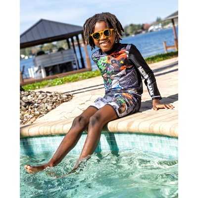 Monster Jam Little Boys' Long Sleeve Graphic Swim Shirt and Allover Print Drawstring Board Shorts Outfit Black 5 — фото 2