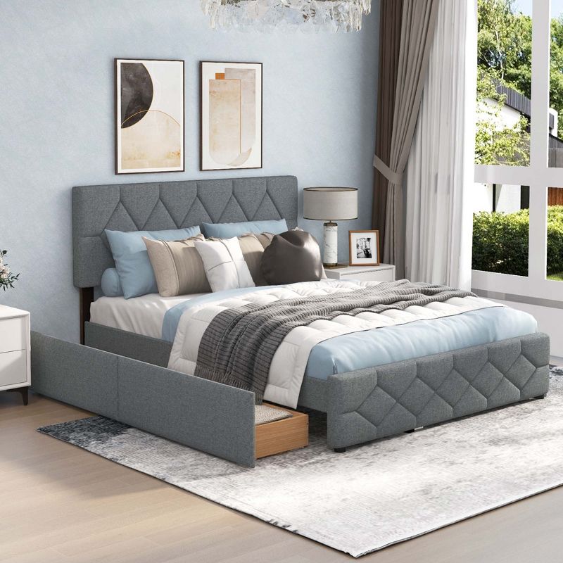 Costway Queen Upholstered Platform Bed with Twin XL Trundle and 2 Drawers Wooden Slats, 5 of 11