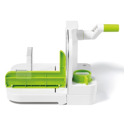 Compact Green and White Manual Deli Slicer with Stainless Steel Blade