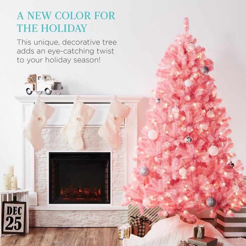 Best Choice Products Pre-Lit Pink Christmas Tree, Artificial Full Holiday Decoration w/ Branch Tips, Incandescent Lights, 5 of 10
