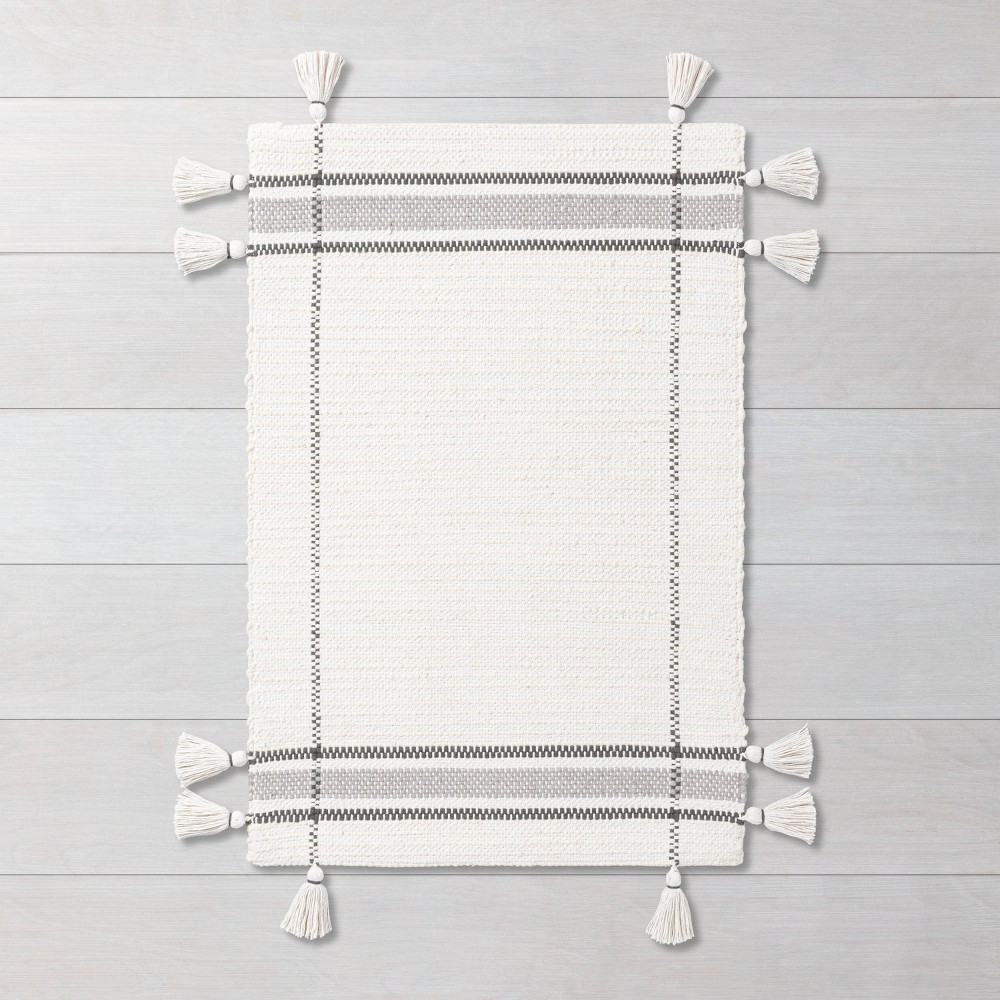 2' x 3' Simple Border Stripe with Corner Tassel Rug White/Gray - Hearth & Hand™ with Magnolia